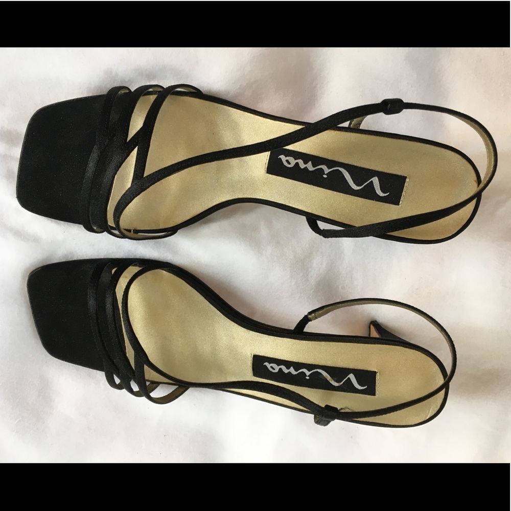 Nina “Nadira” Black Satin Strappy Heels